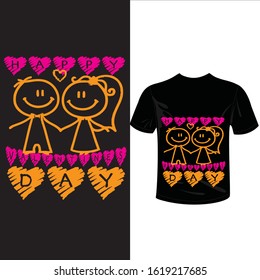 Happy Valentines day. Valentine decorative colored t-shirt concept with calligraphy Happy Valentine`s day. Abstract isolated graphic design template.  couple and hearts.