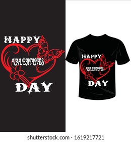 Happy Valentines day. Valentine decorative colored t-shirt concept with calligraphy Happy Valentine`s day. Abstract isolated graphic design template.  heart and butterfly.
