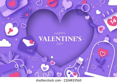 Happy Valentine's Day. Valentine day love beautiful. Hearts, Gift, flower, sweets, confetti, envelope on very peri background. Happy holidays. Love14 February paper cut concept