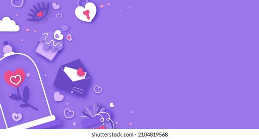 Happy Valentine's Day. Valentine day love beautiful. Hearts, Gift, flower, sweets, confetti, envelope on very peri background. Happy holidays. Love14 February paper cut concept