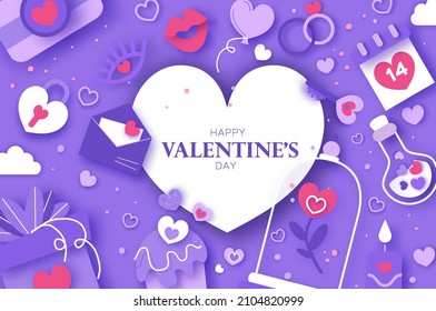 Happy Valentine's Day. Valentine day love beautiful. Hearts, Gift, flower, sweets, confetti, envelope on very peri background. Happy holidays. Love14 February paper cut concept