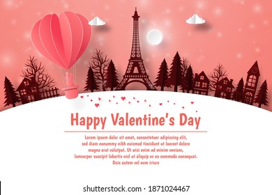 Happy Valentine's Day, Valentine postcard with balloon flying in town