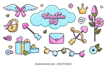 Happy Valentine's day. Valentine symbols. Set of cartoon Doodle Valentine elements for decoration holiday, greeting card, Valentine design. Vector flat illustration