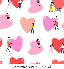 Happy Valentine's Day. Various people doing stuff with big colorful hearts. Hand drawn vector seamless pattern