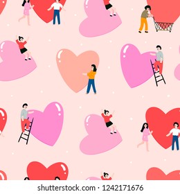 Happy Valentine's Day. Various people doing stuff with big colorful hearts. Hand drawn vector seamless pattern. Beige background