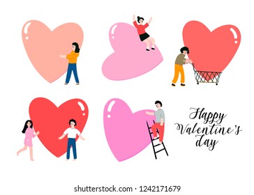 Happy Valentine's Day. Various people doing stuff with big colorful hearts. Hand drawn vector set. All elements are isolated