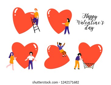 Happy Valentine's Day. Various people doing stuff with big red hearts. Hand drawn vector set. All elements are isolated