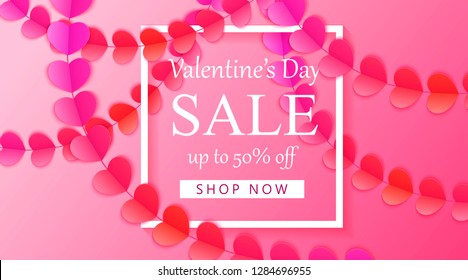 Happy Valentine's day vector background with red and pink hearts. Romantic design for wallpaper, flyer, card, invitation, poster, banner. Paper art garlands with colorful hearts,