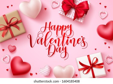 Happy valentines day vector background. Happy valentines day greeting text with hearts and gifts elements in pink space background template. Vector illustration