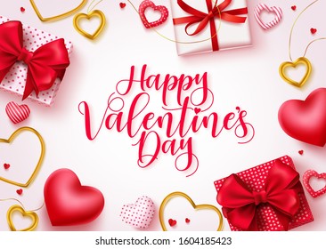 Happy valentines day vector background. Happy valentines day greeting text in empty space with elements like gifts, hearts and jewelries in white background. Vector illustration