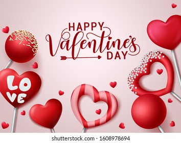 Happy valentines day vector background template. Valentines greeting text with candy lollipop element in heart and round shape with empty space for messages in red background.  