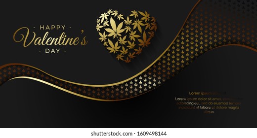 Feliz Día de San Valentín de fondo vectorial con el corazón y hojas de cannabis