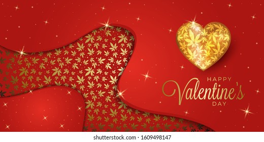Happy Valentine's day vector background with heart and cannabis leaves