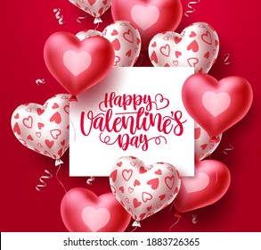 Happy valentines day vector background template. Valentine greeting text in white space with red heart balloon elements in red background. Vector Illustration.