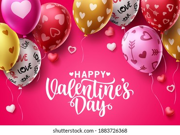 Happy valentines day vector background design. Valentine's day balloons with colorful heart patterns and greeting text for holiday and birthday celebration. Vector illustration. 