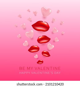 Feliz Día de San Valentín fondo vectorial, afiche, banner o tarjeta. Sé mis labios y corazones de la tarjeta de saludo de San Valentín. Diseño conceptual del 14 de febrero