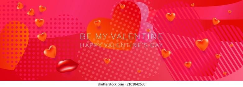 Feliz Día de San Valentín fondo vectorial, afiche, banner o tarjeta. Sé mis labios y corazones de la tarjeta de saludo de San Valentín. Diseño conceptual del 14 de febrero