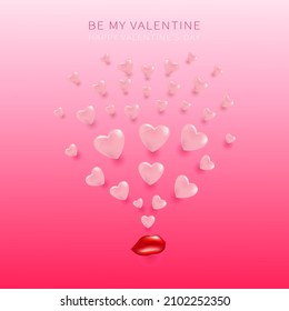 Happy Valentines day vector background, poster, banner or card. Be my valentine  greeting card lips and hearts. 14 February concept design