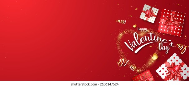 Herzlichen Glückwunsch Valentinstag Vektor Hintergrund Valentinstag Grußkarte mit Beschriftung und Geschenkbox gefeiert mit goldenen Konfetti.