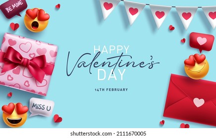 Happy valentine's day vector background design. Valentine's day greeting card with love letter, gift and emoji decoration elements. Vector illustration. 
