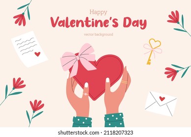 Happy Valentines Day vector background with hands holdind gift. Illustration in flat style