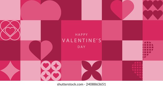 Feliz Día de San Valentín de fondo vectorial. Cartel horizontal, volante, invitación, folleto, descuento con corazones. Fondo con corazones geométricos. Plantilla con corazones.