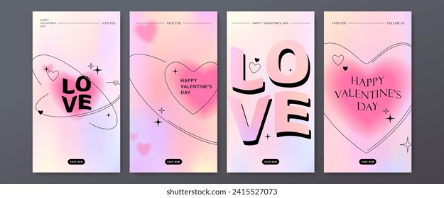 Feliz Día de San Valentín de fondo vectorial. Plantilla moderna de afiche con forma de corazón degradado, texto de saludo ondulado. Historias de medios sociales para marketing digital, promoción de ventas. Diseño y2k mínimo de borrosidad.