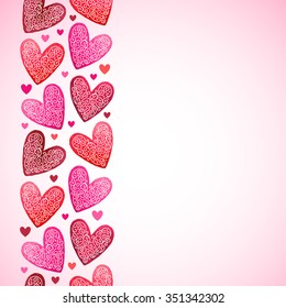 Happy Valentines Day vector background. Border seamless in vertical direction made of watercolor ornamental hearts. Design elements. Space for text. Lace ornamentation is removable.