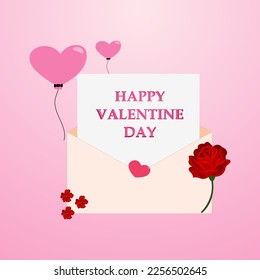 Happy Valentine's Day vector with balloon, flower, and envelope decorative elements, as well as a heart