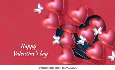 Happy Valentines day vector banner with realistic red heart-shaped helium balloons and butterflies. Festive advertising background, romantic greeting card, love festive poster for 14 February