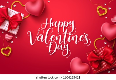 Happy valentines day vector banner background. Valentines day greeting card with typography and elements like gifts, red heart shapes and jewelries in red background . Vector illustration
