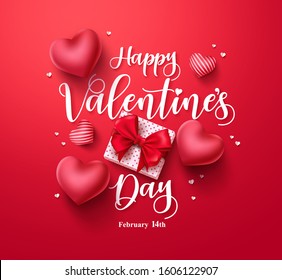 Happy valentines day vector banner greeting card with valentine elements like gift and hearts design in red background. Vector Illustration 