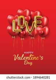 Happy valentines day vector banner tarjeta de saludo con elementos valentinos como regalo y corazones de diseño en fondo rojo. Texto metálico dorado Amor, globos rojos realistas. Ilustración vectorial 