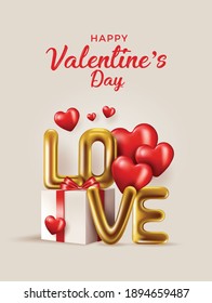 Happy valentines day vector banner greeting card with valentine elements like gift and hearts design in red background. Gold metallic text Love, realistic red balloons. Vector Illustration 