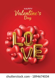 Happy valentines day vector banner greeting card with valentine elements like gift and hearts design in red background. Gold metallic text Love, realistic red balloons. Vector Illustration 