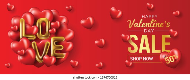 Happy valentines day vector banner greeting card with valentine elements like gift and hearts design in red background. Gold metallic text Love, realistic red balloons. Vector Illustration 