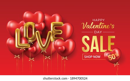 Happy valentines day vector banner greeting card with valentine elements like gift and hearts design in red background. Gold metallic text Love, realistic red balloons. Vector Illustration 