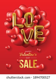 Happy valentines day vector banner greeting card with valentine elements like gift and hearts design in red background. Gold metallic text Love, realistic red balloons. Vector Illustration 