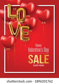 Happy Valentines Day Vector Banner Greeting Card With Valentine Elements Like Gift And Hearts Design In Red Background. Gold Metallic Text Love, Realistic Red Balloons. Vector Illustration 