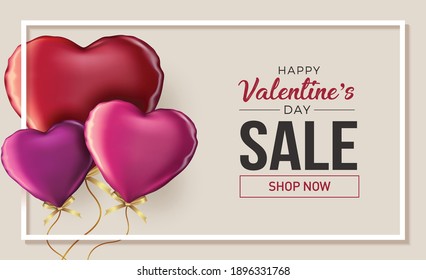 Happy valentines day vector banner greeting card with valentine elements like gift and hearts design in red background. Gold metallic text Love, realistic red balloons. Vector Illustration 