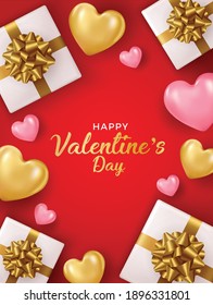 Fröhliche Valentinstag Vektorbanner-Grußkarte mit valentinischen Elementen wie Geschenk- und Herzdesign auf rotem Hintergrund. Gold Metalltext Liebe, realistische rote Ballons. Vektorgrafik 