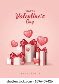 Happy valentines day vector banner background. Valentines day greeting card with typography and elements like gifts, red heart shapes and jewelries in red background . Vector illustration