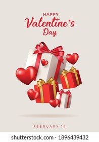 Happy valentines day vector banner background. Valentines day greeting card with typography and elements like gifts, red heart shapes and jewelries in red background . Vector illustration