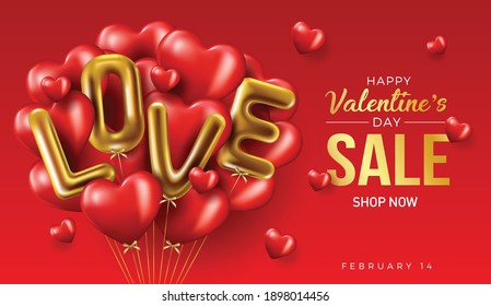 Happy valentines day vector banner greeting card with valentine elements like gift and hearts design in red background. Gold metallic text Love, realistic red balloons. Vector Illustration 
