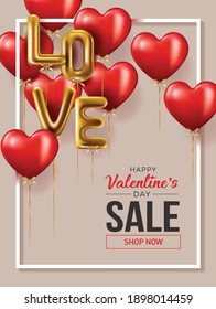 Happy valentines day vector banner greeting card with valentine elements like gift and hearts design in red background. Gold metallic text Love, realistic red balloons. Vector Illustration 