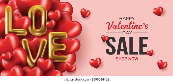 Happy valentines day vector banner greeting card with valentine elements like gift and hearts design in red background. Gold metallic text Love, realistic red balloons. Vector Illustration 