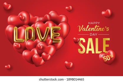 Happy valentines day vector banner greeting card with valentine elements like gift and hearts design in red background. Gold metallic text Love, realistic red balloons. Vector Illustration 