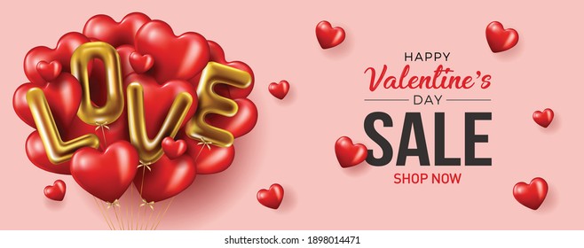 Happy valentines day vector banner greeting card with valentine elements like gift and hearts design in red background. Gold metallic text Love, realistic red balloons. Vector Illustration 