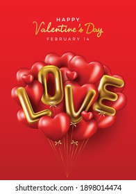 Happy valentines day vector banner greeting card with valentine elements like gift and hearts design in red background. Gold metallic text Love, realistic red balloons. Vector Illustration 