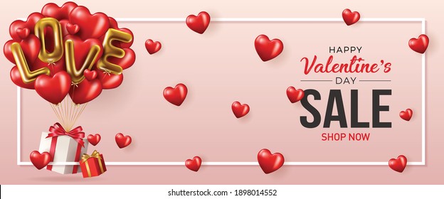 Happy valentines day vector banner greeting card with valentine elements like gift and hearts design in red background. Gold metallic text Love, realistic red balloons. Vector Illustration 